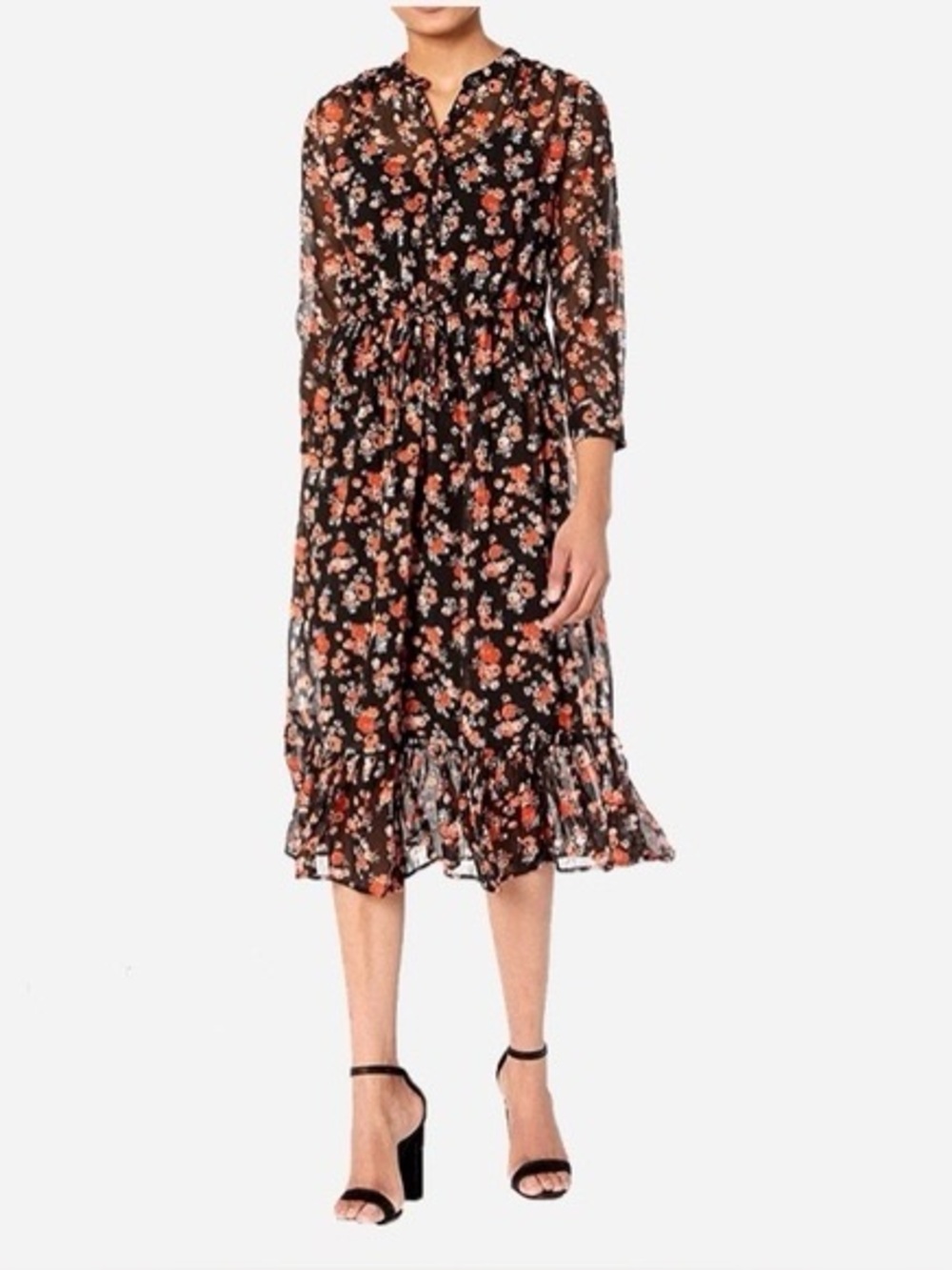 Lucky Brand Floral Ruffle Hem Midi Dress in Black and Orange